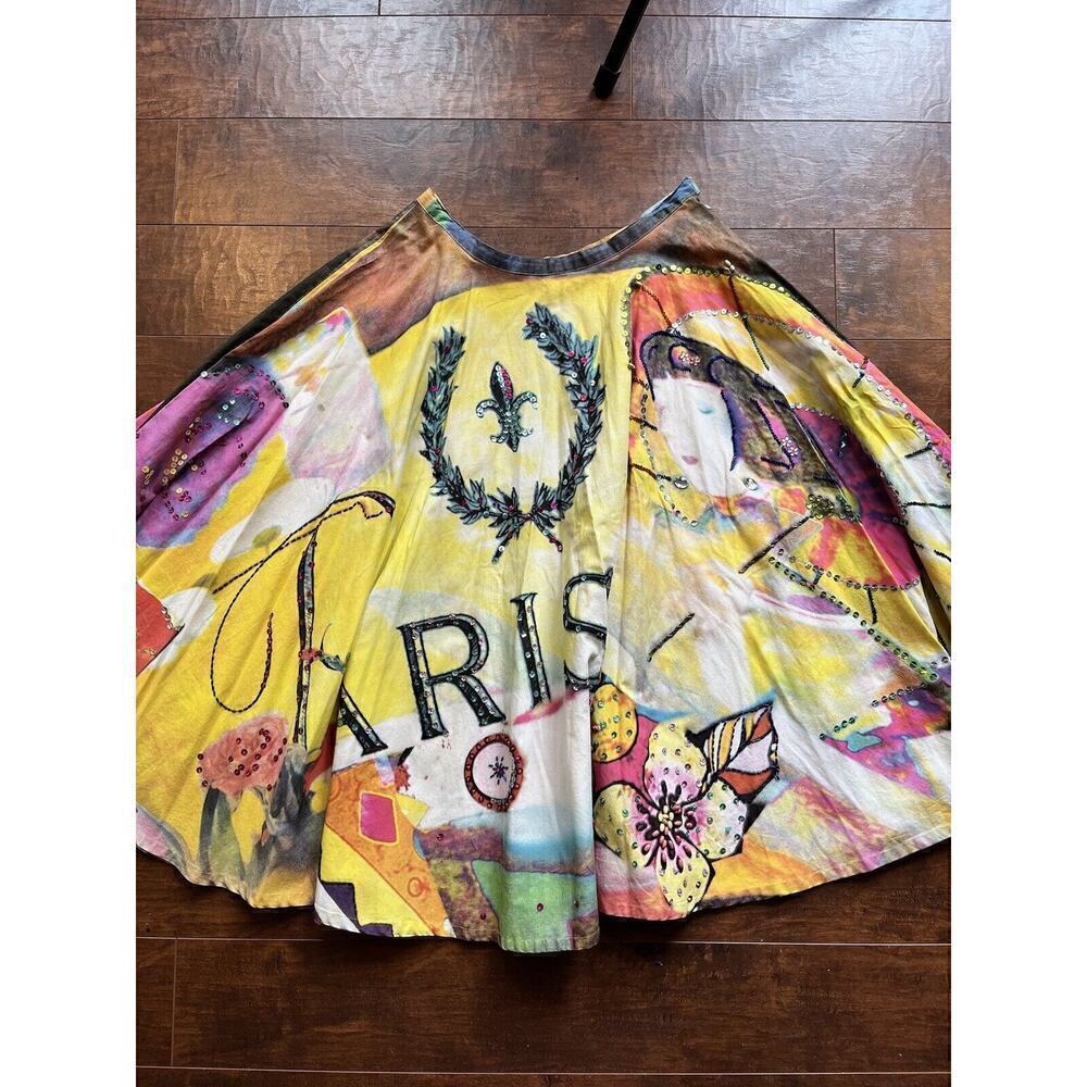 LAPIS Swing Skirt 'PARIS" Full Beaded Sequined Colorful Watercolor Sz M cotton